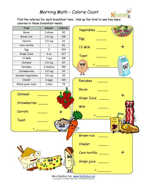 Calorie Count Math Worksheet For Elementary School Children ...