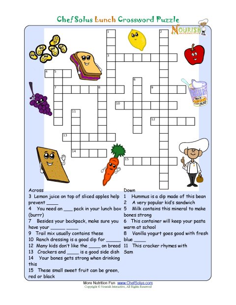 Printable Nutrition Crossword Puzzle - Lunch