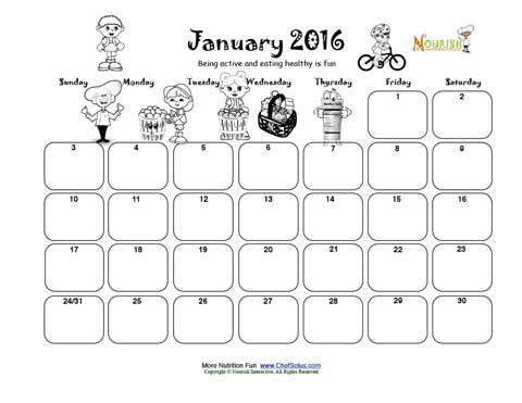January Be Active and Eat Healthy Write and Color Calendar For Kids