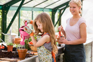 kids and parents gardening
